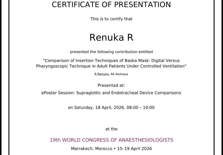 Dr. Renuka R Represents the Institution at the 19th World Congress of Anaesthesiologists, Morocco