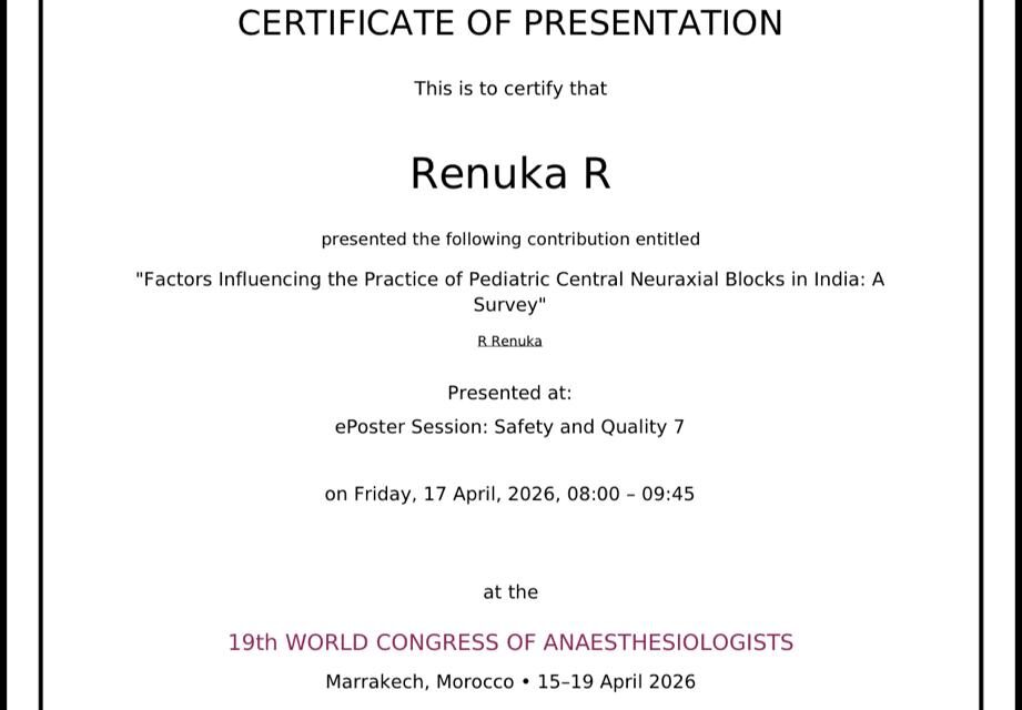 Dr. Renuka R Represents the Institution at the 19th World Congress of Anaesthesiologists, Morocco