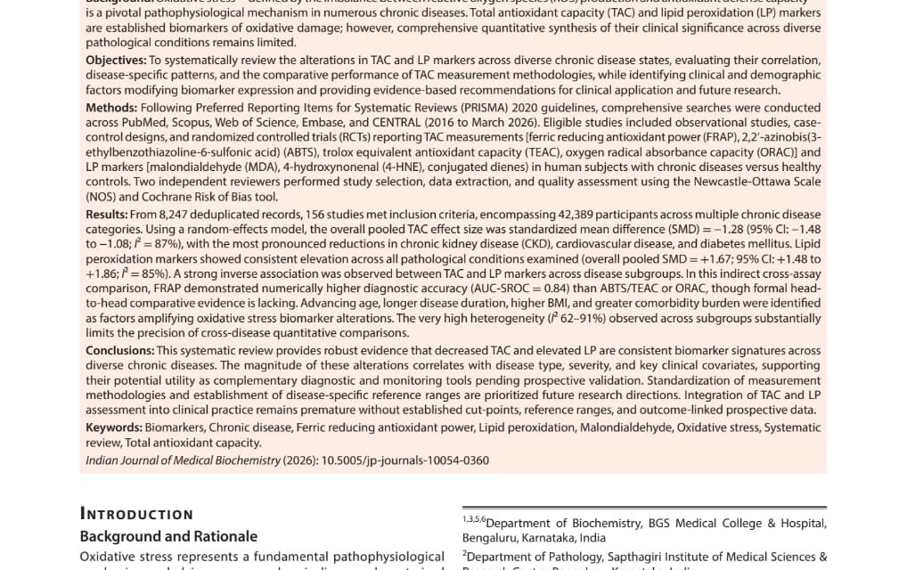 Dr. Suresh D. R. from BGSMCH Publishes Comprehensive Systematic Review on Oxidative Stress and Antioxidant Capacity